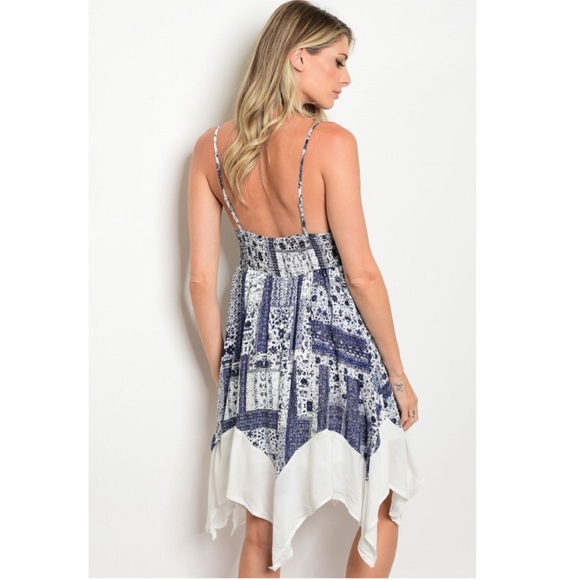 🆕⭐️ Navy Blue Boho Print Asymmetrical Dress - Picture 3 of 7